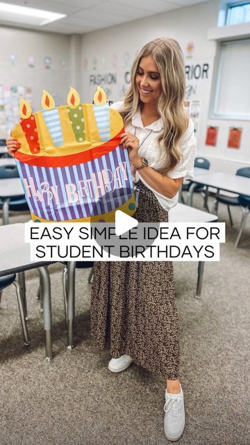 Karina Bolier | FCS Teacher Resources | Affordable Fashion on Instagram: "comment a 🎂 emoji to get a message with the 🔗 to this birthday chair cover!!  this is such an easy inexpensive way to help students feel special on their birthday!🥳  I know celebrating birthdays in a secondary classroom can be tricky but this is something I love to do that doesn’t take a lot of time or money!!  What do you do to celebrate student birthdays?? 🥳  *if you don’t get a message after commenting it’s probably because you aren’t following me and have never messaged me before—follow me or message me and then comment again!  #teacherideas #studentbirthdays #classroom #classroomideas #teachersofinstagram #middleschoolteacher #iteachmiddles #iteachmiddleschool #classroomteachers #teachergram #teachersofig #b Birthday Chair Cover Classroom, Student Birthday Ideas, Birthday Chair Cover, Fcs Teacher, Birthday Chair, Teacher Party, Student Birthdays, Classroom Birthday, Secondary Classroom