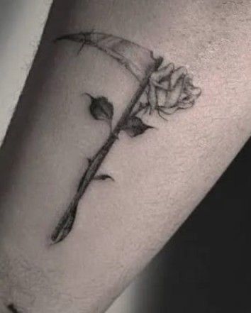 Scythe And Rose Tattoo, Small Santisima Muerte Tattoo, Mortician Tattoo Ideas, Small Santa Muerte Tattoo, Santa Muerte Tattoo For Women, Scythe Tattoo, Santa Muerte Tattoo, Tattoo Lettering Design, Dope Tattoos For Women