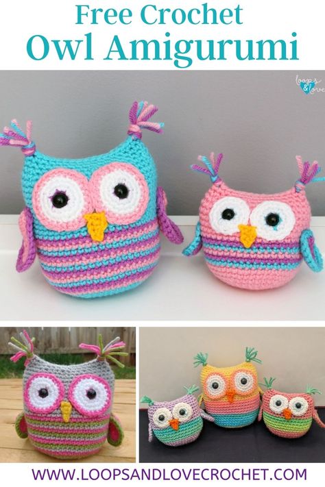 Owl Amigurumi - Free Crochet Pattern Loops & Love Crochet Crochet Squishmallow Pattern Free, Crochet Owl Pattern Free, Crochet Owl Pattern, Yarn Monsters, Owl Crochet Pattern Free, Yarn Toys, Crochet Bird Patterns, Pattern Free Amigurumi, Crochet Owls