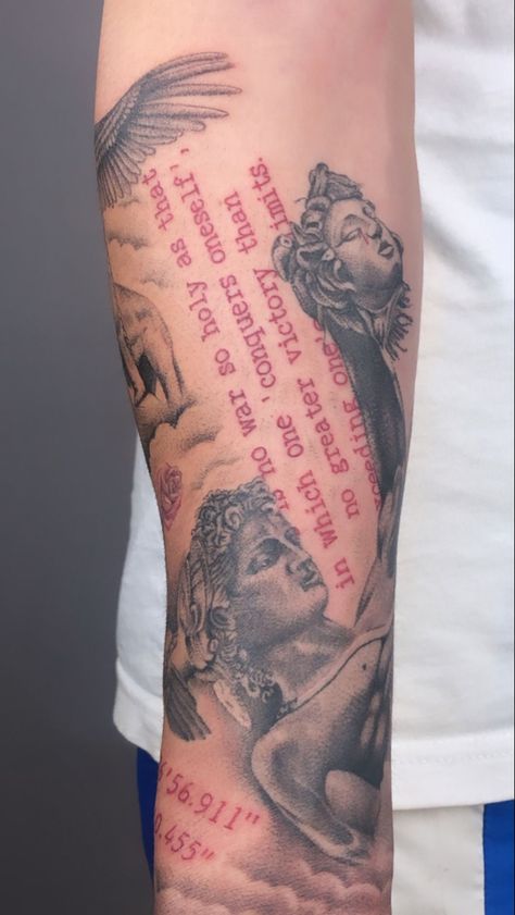 Word Sleeve Tattoos For Women, Dope Arm Tats For Women, Palm Angel Tattoo, 1 Of 1 Tattoo Red Ink, Unique Tattoo Art, Red Tatooes, Dope Tattoos For Women Arm, Watch Over Me Tattoo, Prolific Tattoo