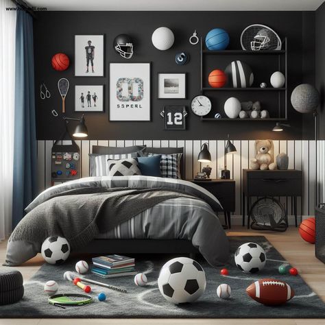 young boys bedroom ideas - Sports Theme Boys Bedroom Ideas Sports, Bright Bedroom Ideas, Kids Hangout Room, Nursery Bedroom Ideas, Sports Themed Bedroom, Sports Room Boys, Boy Sports Bedroom