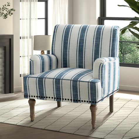 Sand & Stable Arching Upholstered Armchair & Reviews | Wayfair Navy Armchair, Farmhouse Armchair, Striped Armchair, Blue Chairs, Beach Property, Bedroom Chairs, Comfy Living Room, Wooden Armchair, Blue Office