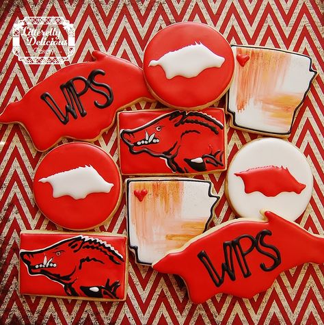 University Of Arkansas Cookies, Arkansas Graduation Party, Razorback Cookies, Razorback Cake, Razorback Party, Graduation Tea, Royal Cookies, Baseball Cookies, College Vibes