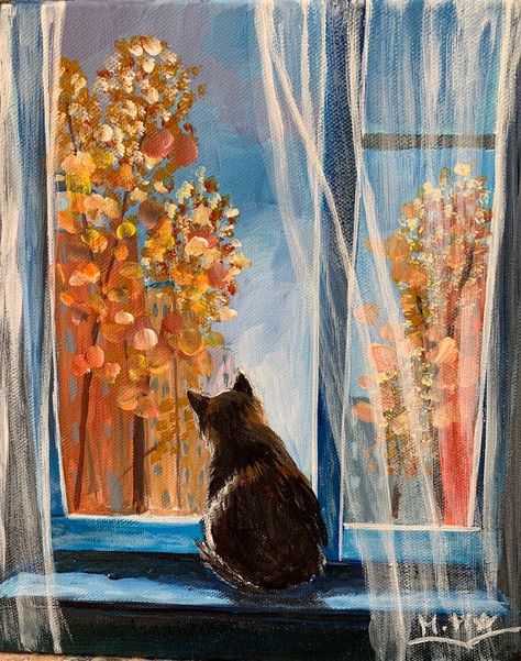 Outdoor Scenery Nature, Cat On Windowsill Painting, Cat On A Window Sill, Fall Canvas Painting, Image Chat, Soyut Sanat Tabloları, Autumn Painting, Window Art, Art Inspiration Painting