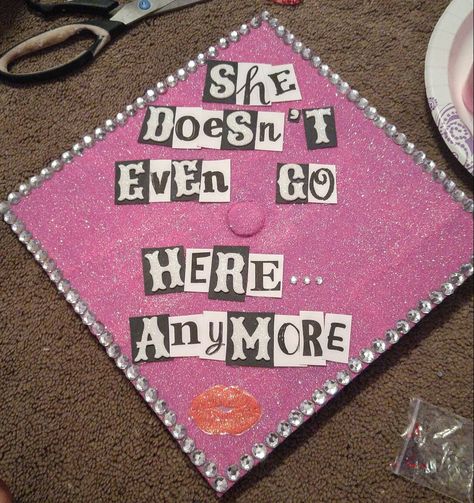 Mean Girls Cap Decorations, Mean Girl Graduation Cap, Mean Girls Promposal, College Graduation Cap Decoration Social Work, Mean Girls Grad Cap, Pink Cap Ideas For Graduation, Mean Girls Graduation Party, Clueless Graduation Cap, White Graduation Cap Designs