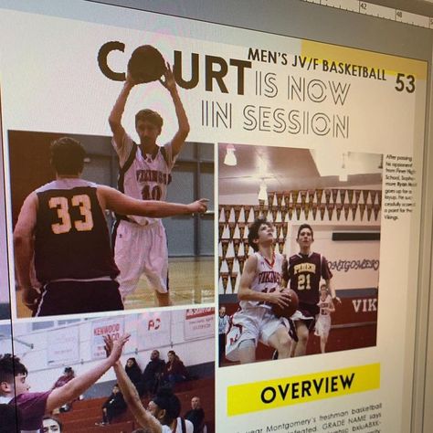 Instagram Yearbook Theme, Basketball Yearbook Page, For The Record Yearbook, Basketball Yearbook Spread, Yearbook Design Layout Creative, Highschool Scrapbook Ideas, Yearbook Headlines, Yearbook Spread Ideas, Sports Yearbook