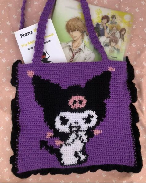 Kuromi bag ✨🎀 DMs to order yours . . . . . #kuromi #sanrio #crochettapestry #crossstitch #crochet #crochetbag #purple #alphapattern #macrame #pixelart #goth #lolitaaccessories Sanrio Crochet, Kuromi Bag, Kuromi Sanrio, Crochet Tapestry, Alpha Patterns, Crochet Ideas, Bag Pattern, Crochet Bag, Pencil Case