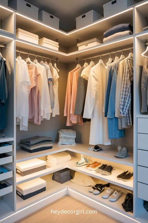 15 Closet Lighting Ideas To Brighten Any Wardrobe - Hey Decor Girl [Latest Trending Decor Design Ideas] Reach In Closet Lighting Ideas, Led Lights Bedroom Closet, Led Closet Lighting Ideas, Closet Lighting Ideas, Closet Chandelier, Under Shelf Lighting, Sliding Wardrobe Design, Contemporary Closet, Wardrobe Space