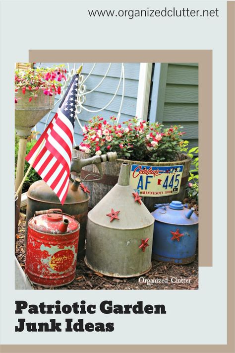 Check out the Patriotic Junk Garden decor ideas in this blog post! #Junkgarden #gardenjunk #patrioticdecor #redwhiteblue Patriotic Garden Ideas, Garden Junk Ideas, Garden Vignettes, Patriotic Garden, Junk Garden, Themed Garden, Gardens Ideas, Metal Rooster, Garden Junk