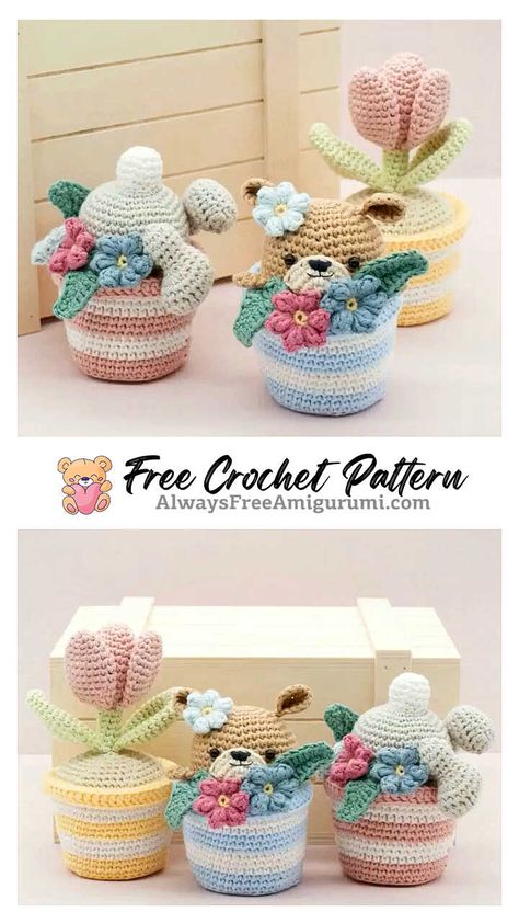 Free Crochet Flower Pattern & many amigurumi flower idea... Free Crochet Flower Pot Pattern, Crochet Plants And Flowers, Crochet Flower Basket Free Pattern, Plants Crochet Pattern Free, Crochet Potted Flowers Free Pattern, Crochet Plants Free Pattern Easy, Crochet Potted Flowers, Crochet Flower Doll Free Pattern, Crochet Flower Pots Free Pattern