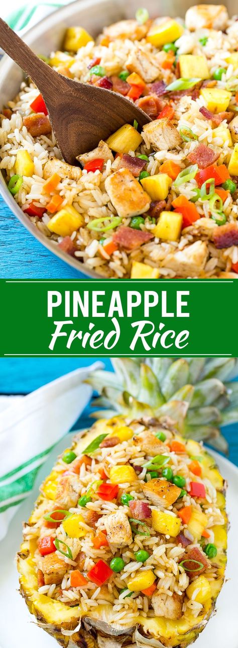 This recipe for pineapple fried rice is loaded with chicken, bacon, crunchy veggies and juicy pineapple. A simple and easy main course or side dish that's MUCH better than take out! #Back2SchoolSuccess #ad Hawaiian Chicken Fried Rice, Pineapple Chicken Rice, Pineapple Dinner, Pineapple Fried Rice Recipe, Rice Packs, Pineapple Rice, Pineapple Recipe, Crunchy Veggies, Fried Rice Recipe Easy