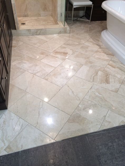 Diagonal Marble Flooring, Tiles Laying Pattern, Faux Marble Floor Tile, Cream Tile Bathroom Ideas, 12x24 Floor Tile Patterns, Cream Tile Bathroom, Bathrooms Decorations, Tile Laying Patterns, Herringbone Tile Pattern