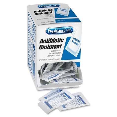 Acme United Triple Antibiotic Ointment Box Dispenser - Item # ACM90321 - Triple antibiotic ointment contains bacitracin zinc, neomycin sulfate, and polymyxin B sulfate. Single-use packets of antibiotic ointment are packaged for individual use. Burn Ointment, Antibiotic Ointment, Wound Care Dressings, First Aid Kits, Benzalkonium Chloride, Wound Care, Break Room, Survival Prepping, Baby Health