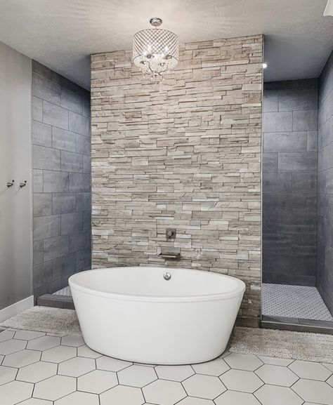 Master Bath Shower Behind Tub, Stone Wall Behind Tub, Tub In Front Of Walk In Shower Wall, Walk Behind Shower Master Bath, Walk Through Shower Behind Tub Layout, Shower Behind Wall, Master Shower Ideas Walk In No Door, Shower Behind Tub Layout, Walk Through Shower Behind Tub