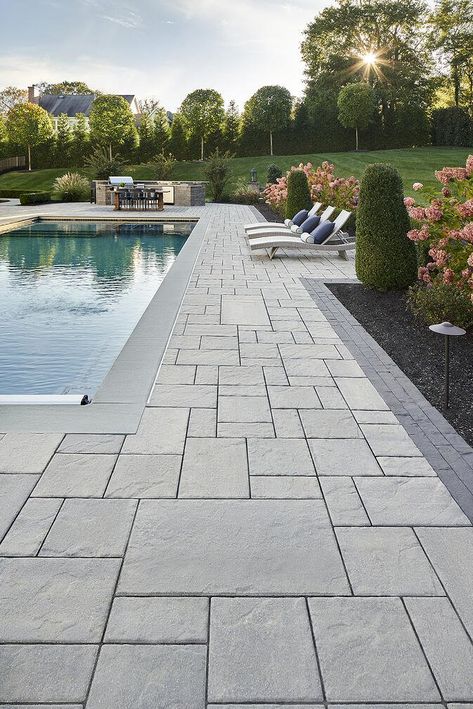 Pool Landscaping Ideas, Pool Paving, Inground Pool Landscaping, Pool Pavers, Slate Patio, Dream Backyard Pool, Outdoor Pool Area, Pools Backyard Inground, Swimming Pool Landscaping