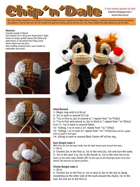 Chip Y Chop, Crocheted Stuffed Animals, Ravelry Free, Crochet Disney, Chip And Dale, Crochet Needles, Amigurumi Free Pattern, Crochet Dolls, Amigurumi Doll