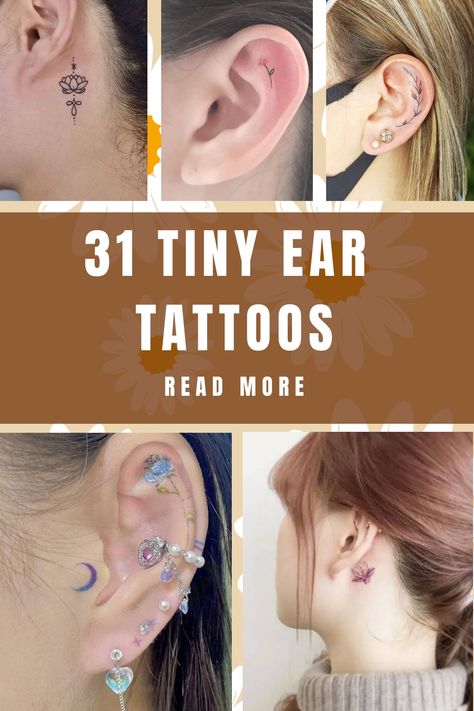 Though having a tattoo needle dig into the delicate skin of your ear may sound frightening and painful, ear tattoos can be… Tragus Tattoo Ideas, Tattoo In Ear Ideas, Simple Behind Ear Tattoos For Women, Small Behind The Ear Tattoo Ideas Simple, Ear Tattoos Women Small, Small Inner Ear Tattoo, Ear Lobe Tattoo For Women, Feminine Ear Tattoos, Tiny Ear Tattoos For Women