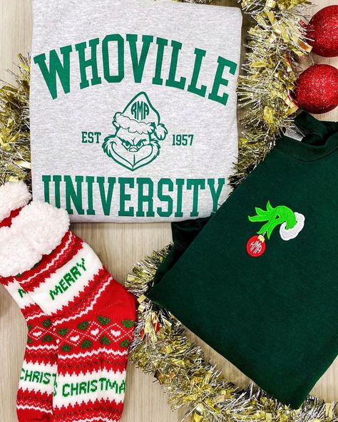 This cute, cozy, comfortable, classy, christmas crewneck sweatshirt will be a hit this holiday season! Don't be a grinch, spread holiday cheer The Grinch Whoville, Christmas Sweatshirt Ideas, Grinch Whoville, Aesthetic Small Business, High Quality Aesthetic, Grinch Hand, Grinch Hands, Christmas Crewneck Sweatshirt, Classy Christmas