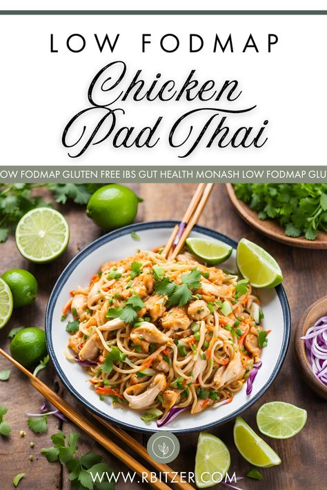 Satisfy your takeout cravings with this flavorful Low FODMAP Chicken Pad Thai! Made with tender chicken, rice noodles, and a perfectly balanced tangy-sweet sauce, this dish is packed with bold flavors while staying gentle on your gut. Perfect for those following a low FODMAP diet, it’s a quick and easy meal that’s both delicious and tummy-friendly. Skip the takeout and enjoy this homemade classic tonight! Fodmap Diet Meals, Chicken Rice Noodles, Fodmap Chicken, Low Fodmap Chicken, Low Fodmap Meals, Thai Chicken Salad, Chicken Pad Thai, Pad Thai Noodles, Fodmap Diet Recipes