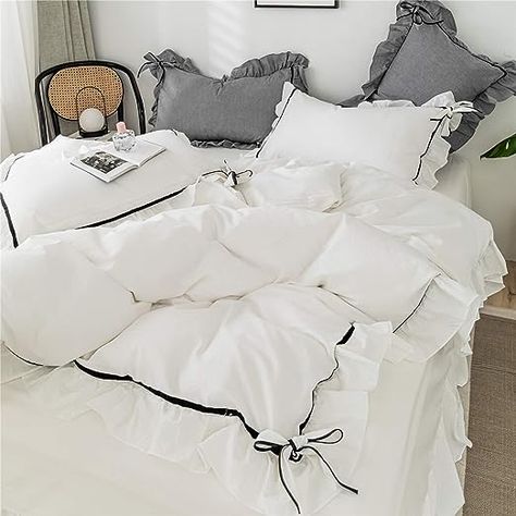 White Ruffle Bedding Aesthetic, Silky Ruffle Bedding Set, Silk Ruffle Bedding, White Duvet Cover Aesthetic, Bow Bedding Set, Ruffles Bedding, Duvet Cover Inspiration, White Ruffle Bedding, Ruffled Bedding