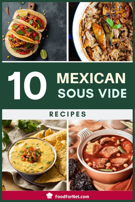 Sous vide can be used for many different types of dishes, including Mexican meals and dishes that use Mexican flavors. For that matter, many Mexican-inspired dishes use ingredients that naturally work with a sous vide setup anyway, including beef and pork. Some of these 10 sous vide Mexican recipes are fairly traditional, while others take advantage of Mexican flavors to create something entirely different. #sousvide #pork #mexican #mexicanfood #beef #tacos #burritos #queso Sous Vide Cheesecake, Tacos Carnitas, Deli Meat Recipes, Mexican Food Menu, Mexican Flavors, Egg Bites Recipe, Mexican Meals, Sous Vide Recipes, Sous Vide Cooking