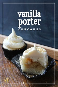 fluffy vanilla cake filled with vanilla porter caramel and topped with white chocolate beer frosting Beer Frosting, Cupcakes With Caramel Filling, Brewery Food, Twix Cupcakes, Beer Dessert, Cupcakes With Caramel, Beer Cupcakes, Fluffy Vanilla Cake, Chocolate Beer