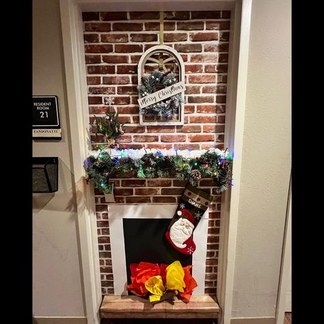 Fireplace Christmas door decoration. Fireplace Christmas Door Classroom, Door Decorating Contest Christmas Office Fireplace, Office Door Christmas Decorating Contest, Fireplace Door Decoration Christmas, Christmas Door Fireplace, Holiday Office Door Decorating Ideas, Fireplace Door Decoration, Christmas Door Contest Ideas, Holiday Door Decorating Contest