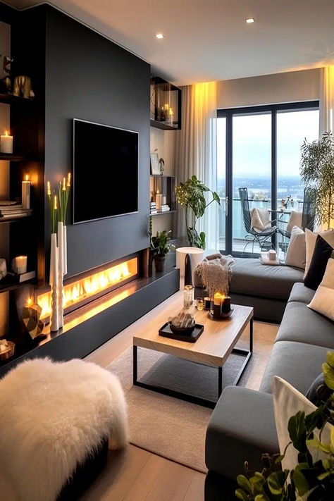 A well-designed small living room with a mounted TV above a modern fireplace, surrounded by comfortable seating and tasteful decorations, exemplifying smart small living room ideas with a TV and fireplace. Tv Room Ideas Cozy, Living Room Ideas With Tv, Small Living Room Ideas With Tv, Room Ideas With Tv, Tv And Fireplace, Small Tv Room, Fireplace And Tv, Ruang Tv, Snug Room