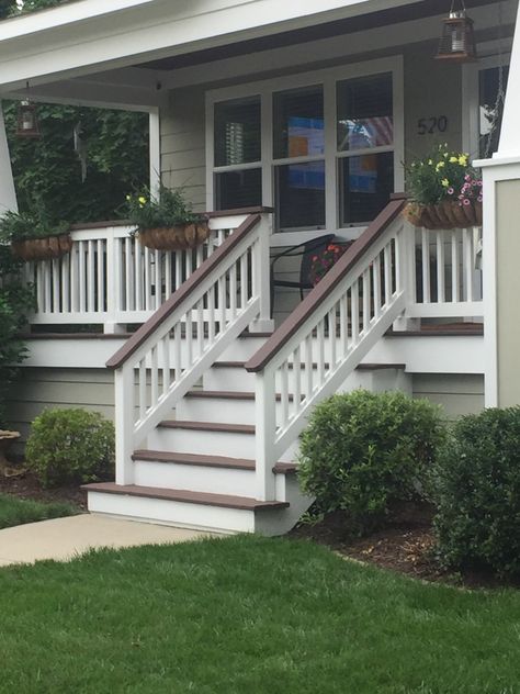 Front Porch Black Railing White Houses, Front Porch With White Railing, Front Porch With Stairs Ideas, Porch Staircase Design, Front Porch White Railing, Front Porch Stair Railing Ideas, Small Front Porch With Railing, Farmhouse Porch Steps, Front Porch Steps Ideas Entrance Farmhouse