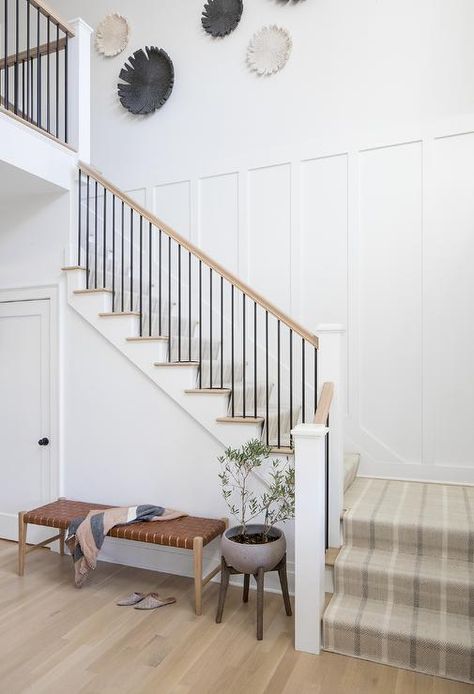 Beige Staircase, Transitional House Design, Stairway Walls, Farmhouse Staircase, Gray Stairs, Staircase Runner, Wood Handrail, Traditional Staircase, Windsor Chairs