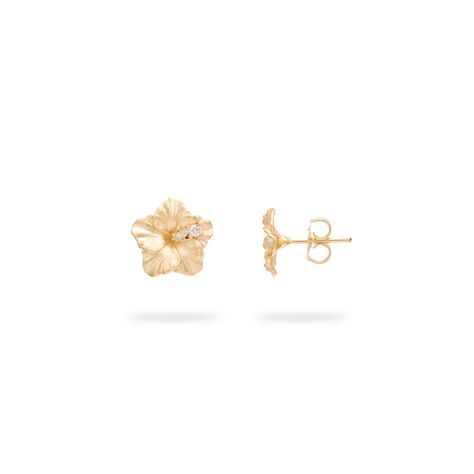 Hawaiian Gardens Hibiscus Earrings in Gold with Diamonds - 9.5mm - 100-01974 Hibiscus Design, Hawaiian Gardens, Dope Jewelry Accessories, Tropical Gardens, Jewelry Accessories Ideas, Dope Jewelry, Classy Jewelry, Jewelry Lookbook, Design Earrings