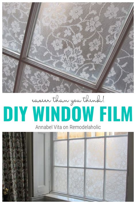 Use any kind of lace fabric to create this DIY window film. Tutorial from Annabel Vita on Remodelaholic Diy Lace Privacy Window, Diy Window Film, Window Privacy Screen, Window Coverings Diy, Lace Window Treatments, Karen Black, Lace Window, Diy Window Treatments, Privacy Window