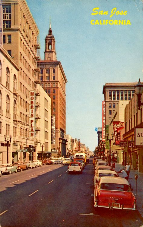 downtown_san_jose_california_1950s 1950s California, Downtown San Jose, California History, California Sunset, Oc Inspo, San Jose California, Vintage California, Santa Clara, Deep Space