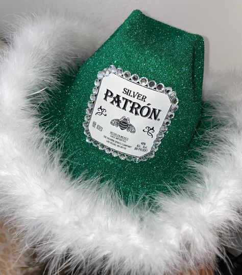 Patron Cowgirl Hat, Liquor Cowgirl Costume, Patron Cowboy Hat, Liquor Hat Party, Diy Glitter Cowboy Hat, Alcohol Themed Cowboy Hats, Liquor Cowboy Hats Diy, Liquor Cowboy Hats, Liquor Themed Cowboy Hats Diy