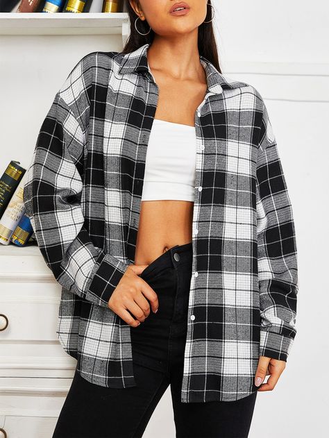 Outfits Con Camisa, Black Plaid Shirt, Drop Shoulder Shirt, Cotton Plaid Shirt, Black And White Style, Shirts For Teens, Women Blouses, Check Shirt, Plaid Print