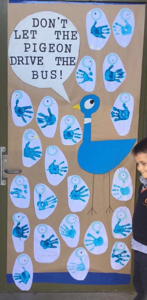 Don't let the pigeon drive the bus door display book week Pigeon Activities Preschool, Mo Willems Door Decorations, Literacy Week Door Decorations, Pigeon Preschool Craft, Pigeon Crafts Preschool, Book Week Door Displays, School Bus Classroom Door, Pigeon Activities For Kindergarten, Dont Let Pigeon Drive The Bus Craft