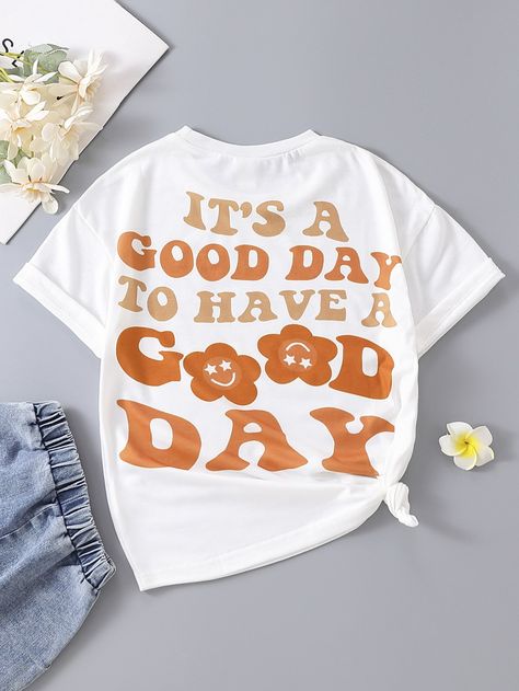 White Casual Collar Short Sleeve Fabric Slogan Embellished Medium Stretch Toddler Girls Clothing Kids Tshirt Designs, Kids Shirts Design, Slogan Graphic Tee, Toddler Graphic Tee, Tee Ideas, Shein Kids, Diy Shirts, Attic Bathroom, Girls T Shirts