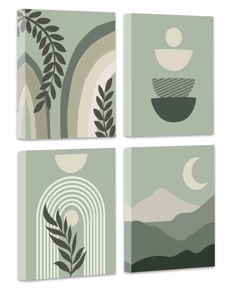 PRICES MAY VARY. GREEN BOHO WALL ART -Inspired by boho style and minimalism, The modern wall art prints perfectly combine geometric patterns, lines and neutral green and beige colors, making the artworks more abstract . Will be the perfect art decoration for your room. BOOST YOUR VIBES - New boho art designs will enhance the boho vibe of any room. We have designed a variety of bohemian artwork, you can add different styles of bohemian artwork to your room to enhance the visual effect of bohemian Green Botanical Prints, Bohemian Wall Art Living Room, Line Artwork Abstract, Abstract Green Wall Art, Bohemian Art Painting, Paintings For Bedroom Walls, Drawing Room Color Ideas, Four Canvas Painting Ideas, Beige Walls Living Room Decor