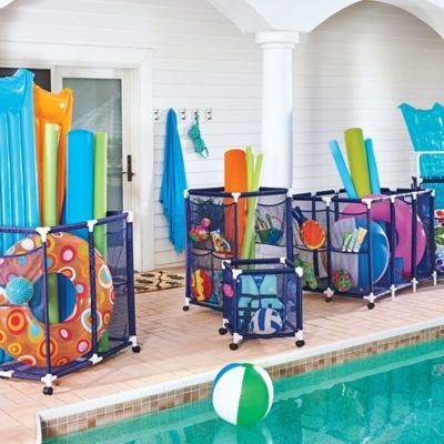 Rolling Storage Bins organize a lot of items without taking up a lot of room. Use these pool toy organizers for pool toys and swimming pool accessories. Pool Toy Storage Ideas, Pool Toy Organization, Pool Organization, Pool Float Storage, Rolling Storage Bins, Pool Toy Storage, Toy Storage Ideas, Inflatable Pool Toys, Pool Storage