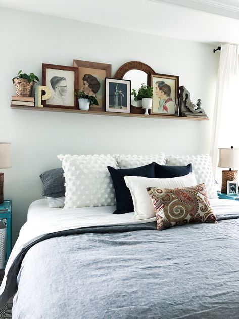 How to Style a Picture Ledge Picture Shelf Above Bed, Shelf Over Bed, Decorate Shelves, Shelf Above Bed, Bedroom Wall Decor Above Bed, Picture Ledges, Floating Shelves Bedroom, Decor Above Bed, Picture Ledge