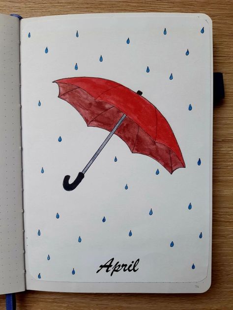 Rain Journal Ideas, Bujo Umbrella Theme, Rain Journal, Spider Diagram, Water Colour Rainy Season Painting, Rain Bullet Journal Theme, April April, Grid Paper, White Gel Pen