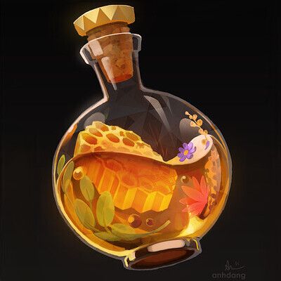 Honey Elixir Potion, Anh Dang on ArtStation at https://www.artstation.com/artwork/d8a2v1 Yuumei Art, Mystic Garden, Minecraft Fanart, The Hives, Bottle Drawing, 귀여운 음식 그림, Magic Bottles, Props Art, Fantasy Props