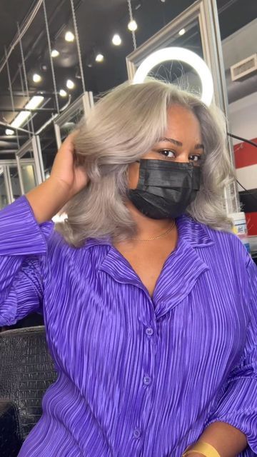 Grey Hair Color On Black Women, Gray Dyed Hair Black Women, Silver Blonde Hair Black Women, Sliver Highlight Hair, Grey Hair On Black Women, Grey Dyed Hair Black Women, Grey Hair Color Black Women, Ash Blonde Black Women Natural Hair, Silver Hair On Black Women