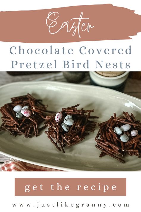 Easter Birds' Nests: A Chocolate-Covered Pretzel Recipe | Just Like Granny | The Best Easiest & Delicious Recipes Edible Birds Nest Recipe, Pretzel Bird Nest, Birds Nests Recipe, Easter Bunny Rolls, Edible Bird's Nest, Birds Nest Cookies, White Chocolate Covered Pretzels, White Chocolate Pretzels, Pretzel Recipe