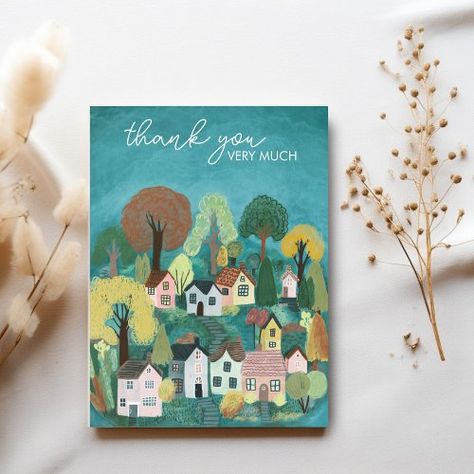 $1.35 | THANK YOU Cute Country Village Illustration #modern, unique, trendy, cute, whimsical, village, watercolor, illustration, colorful, thank you Village Watercolor, Village Illustration, Illustration Postcard, Illustration Colorful, Cute Country, Thank You Postcards, Cute N Country, Free Birthday Invitations, Free Birthday Invitation Templates