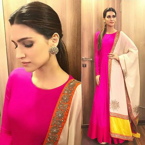 Kriti Sanon Pink Anarkali Suit | by M2M - Custom Design Service    #madetoorder #madetomeasure #m2m #kritisanon #bollywood #bollywoodactress #anarkali #USA #UK #Germany #Canada #FIJI #Malaysia #Australia #Worldwideshipping Pink Anarkali Suits, Contrast Dupatta, Pink Anarkali, Indian Designer Suits, Salwar Kamiz, Indian Gowns Dresses, Indian Woman, Party Kleidung, Indian Gowns