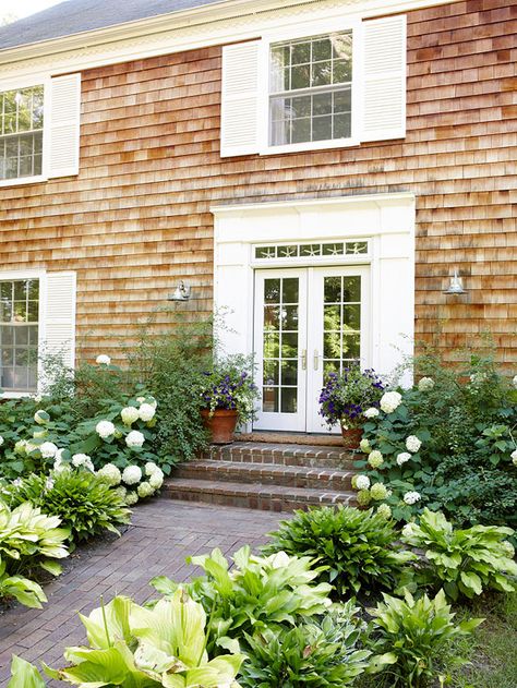 Cedar Siding Landscaping Entrance, Shingle House, Budget Remodel, Front Walkway, Cedar Siding, Front Landscaping, Shutters Exterior, Exterior Doors, Walkway