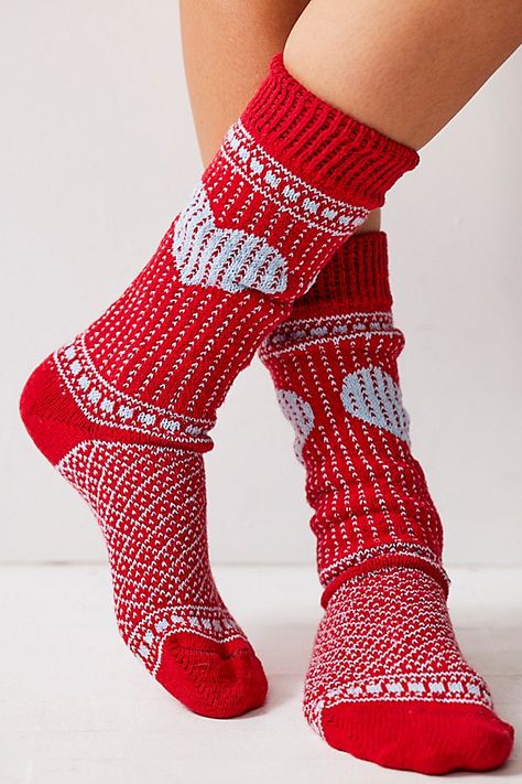 Cozy up in these easy-to-love cable knit socks from American Trench. **Fit:** Crew length **Features:** Recycled knit fabrication, chunky ribbed trim, contrast seamed toe and heel, " cable knit" heart pattern **Why We | American Trench Heart Cable Knit Socks at Free People in Red Knit Heart Pattern, Knitted Heart Pattern, Valentines Socks, Knit Heart, Striped Knee High Socks, Cable Knit Socks, Cashmere Socks, Knitted Heart, Heart Pattern