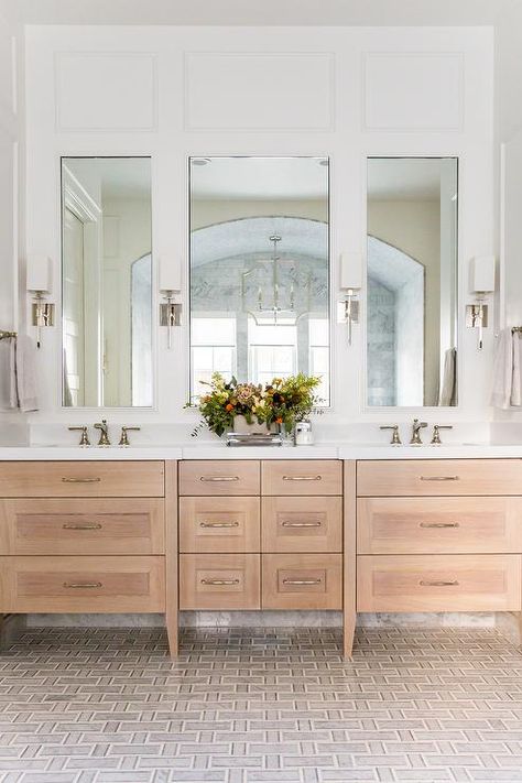 Tall Mirrors Panels Over Dual Washstand - Transitional - Bathroom - Sherwin Williams Snowbound Casa Country, Transitional Bathroom, Master Bath Remodel, Home Luxury, Bathroom Renos, Bathroom Remodel Master, Bath Remodel, House Bathroom, Beautiful Bathrooms