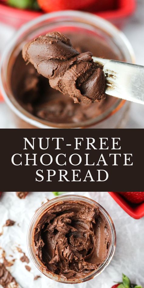 30 minutes · Vegan Gluten free Paleo · Serves 16 · If you’re like me, you probably love the taste of the oh so popular chocolate spread Nutella, but don’t love all the unnecessary sugar or long list of ingredients. This rich and creamy Nut Free Chocolate Spread is the perfect alternative! You only need four simple ingredients for this recipe, and less than 30 minutes to make it! Great for anyone who is dairy-free, nut-free, or Vegan! Nut Free Butter, Nut Free Nutella Recipe, Homemade School Snacks, Chocolate Spread Recipe, Paleo Dips, Nutella Recipe, Vegan Spread, Sunflower Butter, Nut Free Recipes